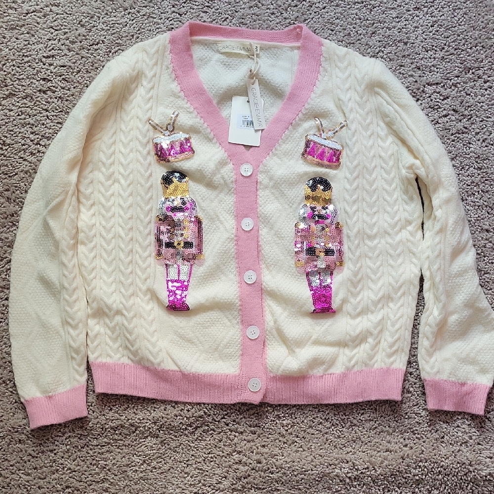 GRACE + EMMA Pink and Cream Cardigan with Sequin Nutcracker Design SIZE S/M